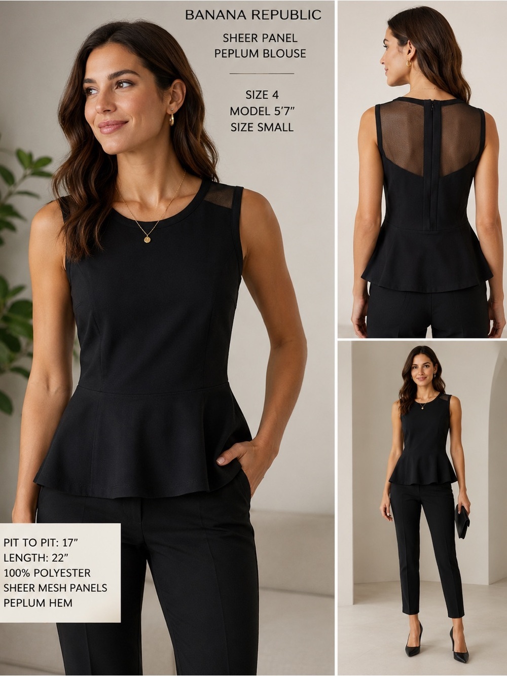 Banana Republic Black Peplum Blouse Size 4 Sheer Mesh Sleeveless